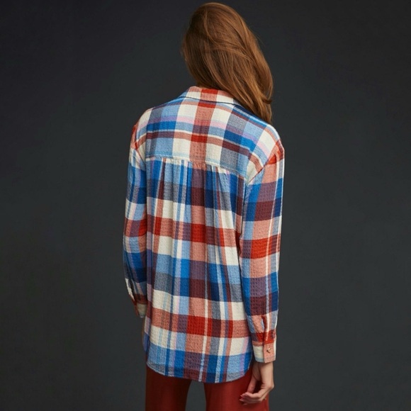 Anthropologie Pilcro Hadley Relaxed Buttondown Shirt Red White Blue Plaid 1X - Picture 5 of 16